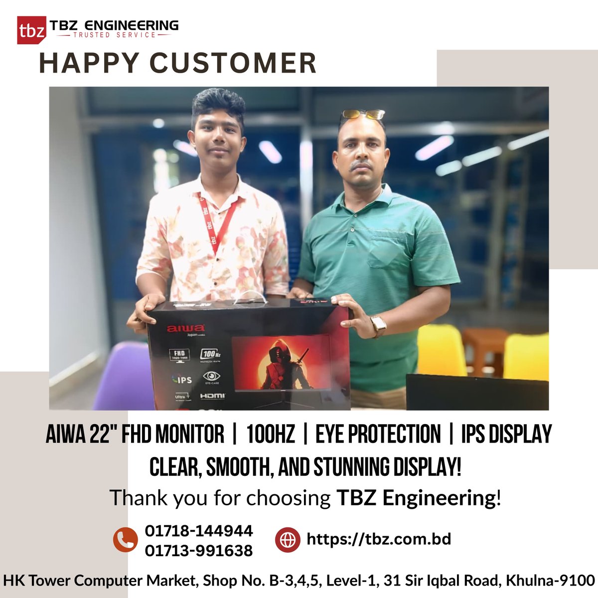 TBZEngineering's tweet image. 🎉 Another Happy Customer!
We just delivered the Aiwa MF2219-B 22&quot; FHD IPS 100Hz Monitor — smooth visuals, sharp clarity, and total eye comfort in one sleek setup.

#TBZEngineering #AiwaMonitor #HappyCustomer #TechSetup #FHDMonitor #IPSDisplay #100Hz #BangladeshTech