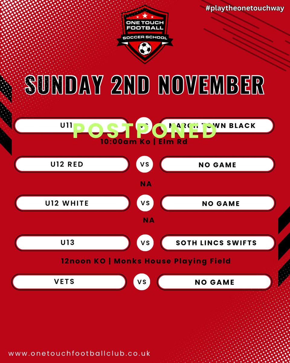 WEEKEND FIXTURES ⚽️🔴

#PLAYTHEONETOUCHWAY