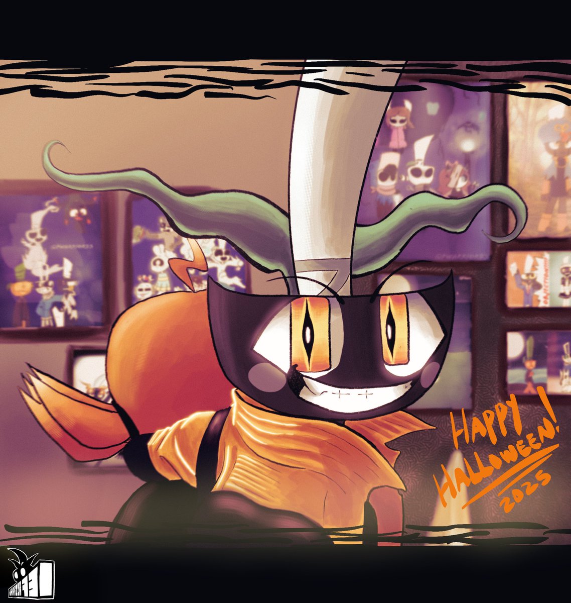 PWarrior73's tweet photo. A bit late, but Happy Spooky month y’all!
(For the ogs, do you remember all the references on the walls?👁️)
#Halloween #art #oc #Entry73 https://t.co/pSKQYmYkOG