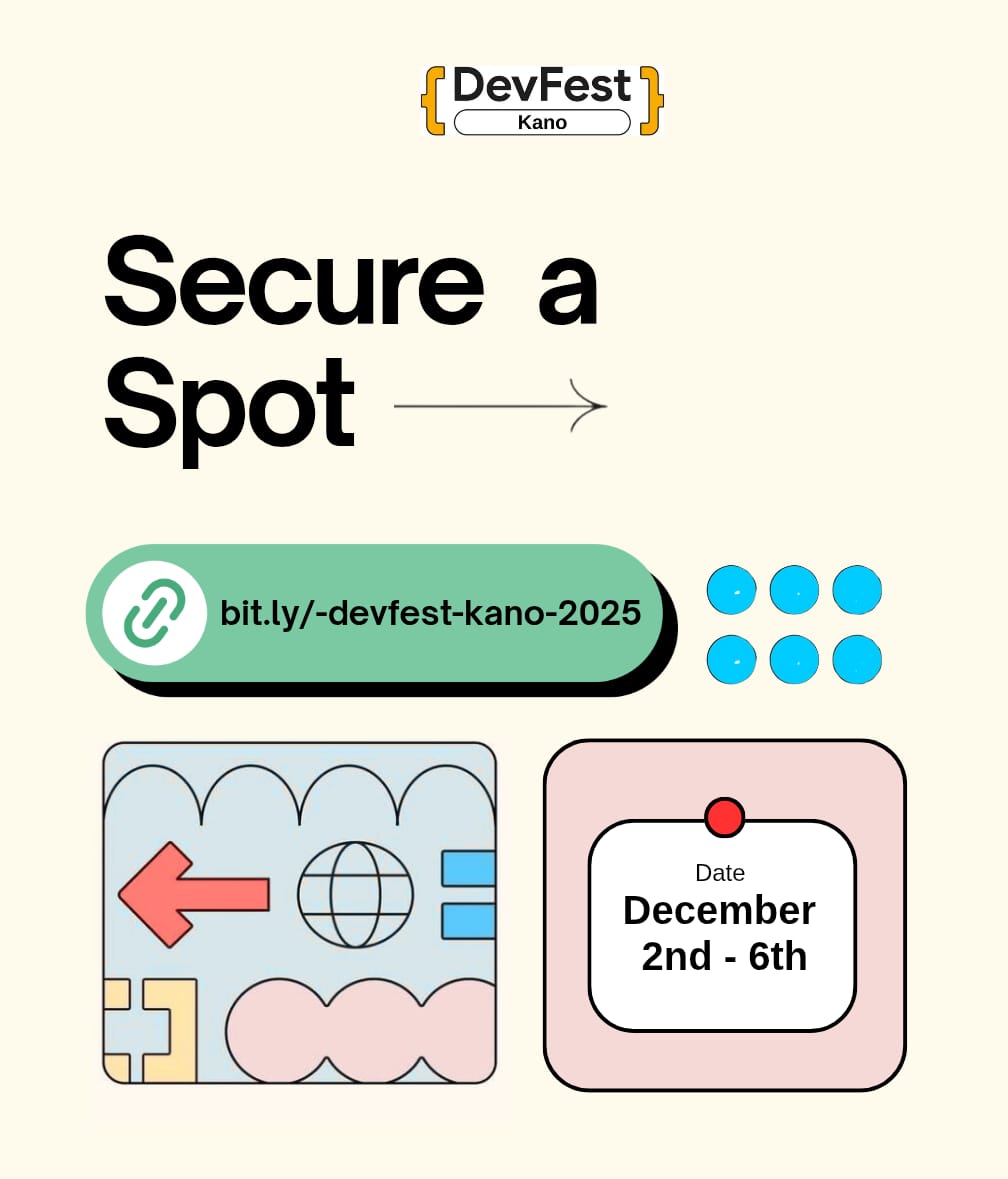 gdgkano's tweet image. The DevFest Kano 2025 RSVP link is officially LIVE! Get ready for a day of tech talks, workshops, and networking.

Secure your spot now and join the biggest developer festival in Kano 
bit.ly/-devfest-kano-…

#DevFestKano2025 #GDGKano #Devfest2025 #Devfest #KanoTech
