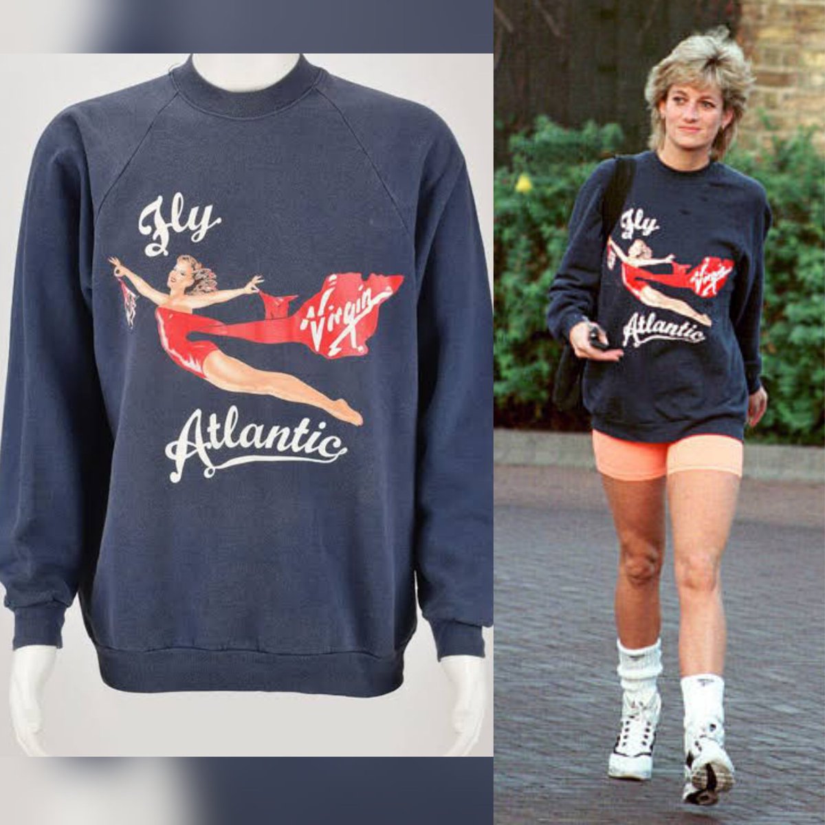 Diana, Princess of Wales, was photographed outside the Harbour Club in Chelsea #OnThisDay in 1995. She was wearing her now iconic dark blue cotton/polyester Virgin Atlantic sweatshirt that she chose to rewear to try and limit her media coverage. Sold by <a href="/RRAuction/">RR Auction</a> #fashionhistory
