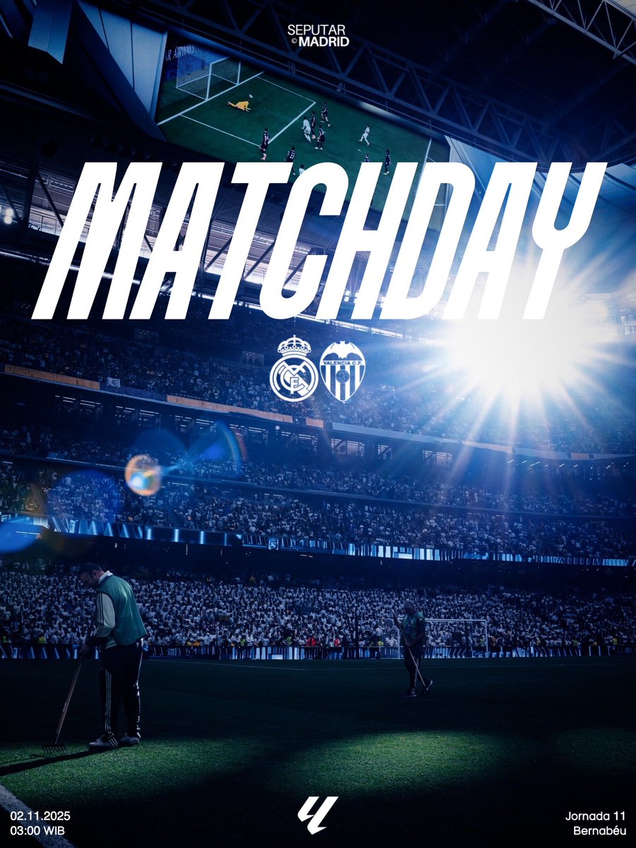 🚨 It’s 𝗠𝗔𝗧𝗖𝗛𝗗𝗔𝗬!

🏆 #LALIGAEASPORTS Jornada 11
⚔️ Real Madrid 𝗫 Valencia
🏟 Santiago Bernabéu
🗓 Minggu, 2 November
⏰ 03.00 WIB
📺 BeIN Sports &amp; Vidio.

¡VAMOOOS REAL! 🤍