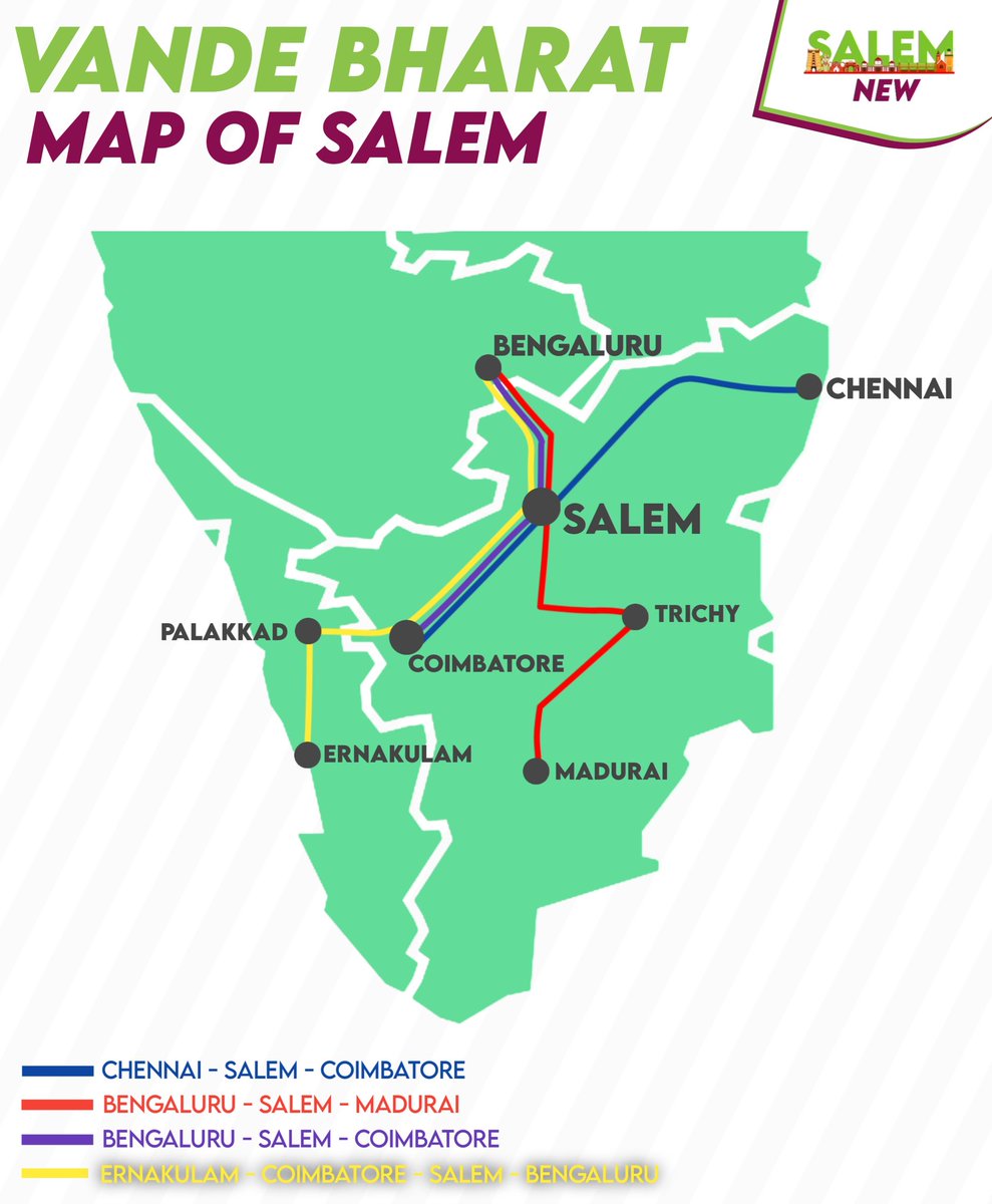 Ministry of Railways Approved Ernakulam - Bengaluru Vande Bharat via Salem and Coimbatore. 

Here is the map of Vande Bharat Trains passing through Salem - A real Transit Hub of South India. 

#Salem #VandeBharatExpress