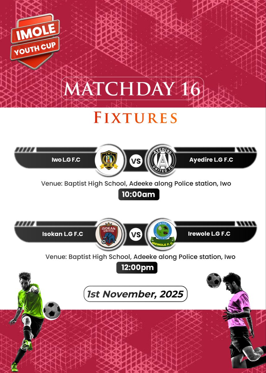Imoleyouthcup's tweet photo. MATCHDAY 16 IMOLE YOUTH CUP

The action continues in the Imole Youth Cup as Iwo Zone takes center stage.

Another decisive matchday. 
Points to fight for. 
Pride on the line. 
Let the football do the talking. 

#ImoleYouthCup #IYC2025 #Matchday16 https://t.co/jbZ99vicRH