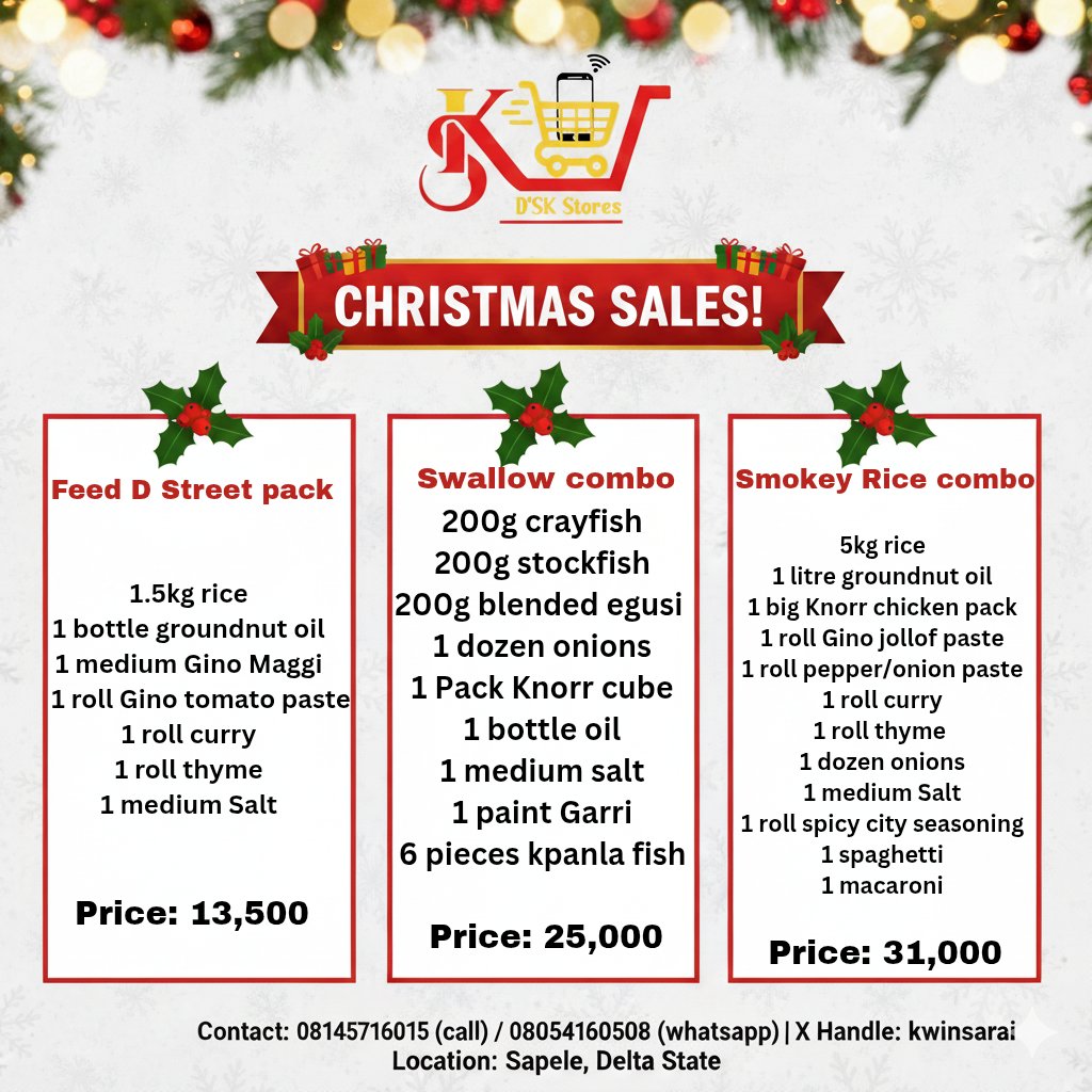 Welcome to November 😃

D'Sk Stores is eager to take your orders ahead of the festive season. Check out our Christmas Foodstuff combo below 👇🏽 
We've got you covered right here whether you belong to the rice gang or swallow gang.

DELTA STATE

Kindly repost 🙏🏽