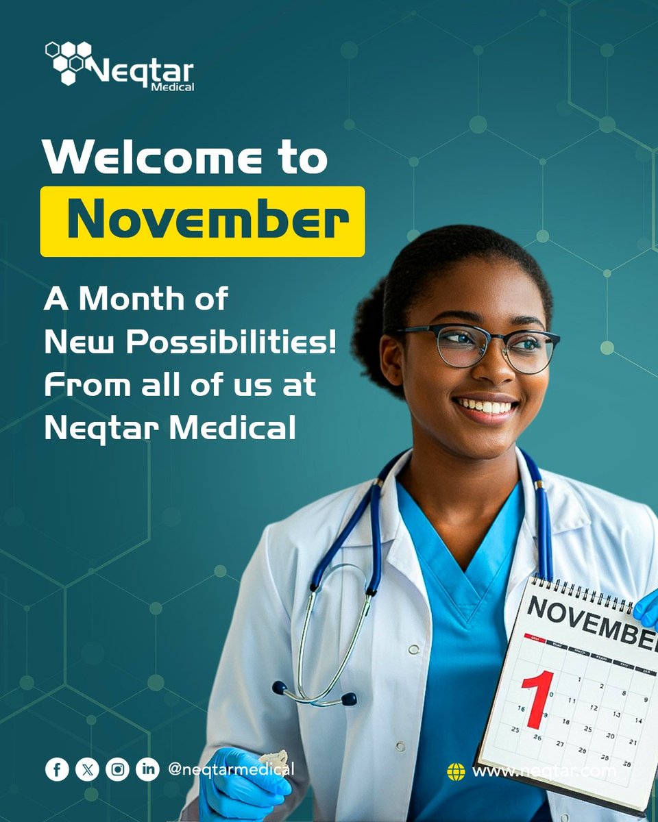 NeqtarMedical's tweet photo. Welcome to November: A Month of New Possibilities! 

This November, let’s focus on making strides in healthcare, one innovation, one partnership, and one solution at a time. 

With each step, Neqtar Medical is here to play it's part in advancing care across Africa.

1/2 https://t.co/9z6exNBmKX