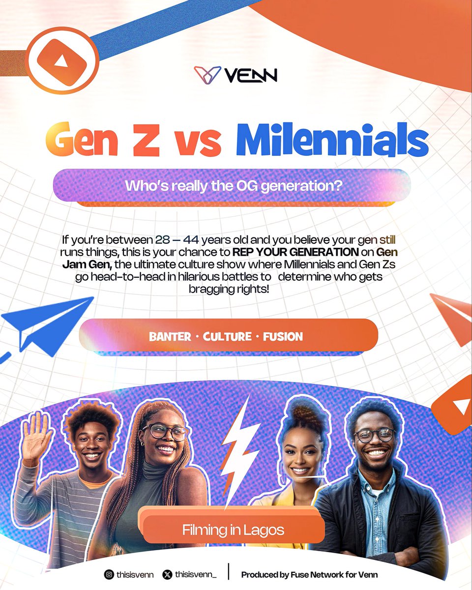 Thisisvenn_'s tweet photo. hi, i'm venn, a culture show where millennials and gen z's go head to head to determine the OG generation🙂‍↔️
if you're a millennial in lagos and you think you have what it takes to rep your gen on my show, fill out the form linked in my bio🥳
#explore #youtubeshow #millennial https://t.co/LZJYR94MOJ