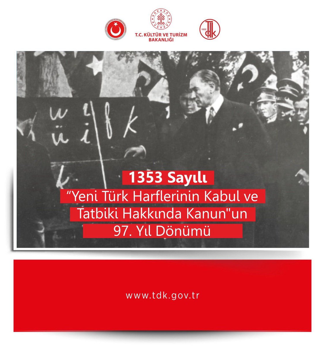 📌1 Kasım 1928 tarihli ve 1353 sayılı “Türk Harflerinin Kabul ve Tatbiki Hakkında Kanun”un 97. yıl dönümü kutlu olsun.