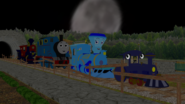 IslandsideAdve1's tweet photo. Happy Halloween from us on the Transportainian Adventures project! Models from @lokoexpress2, @TipperTopHat, LNSEAB, and Banzoku. The sky background is just a random night sky picture found online. https://t.co/iFmAgcqN9G