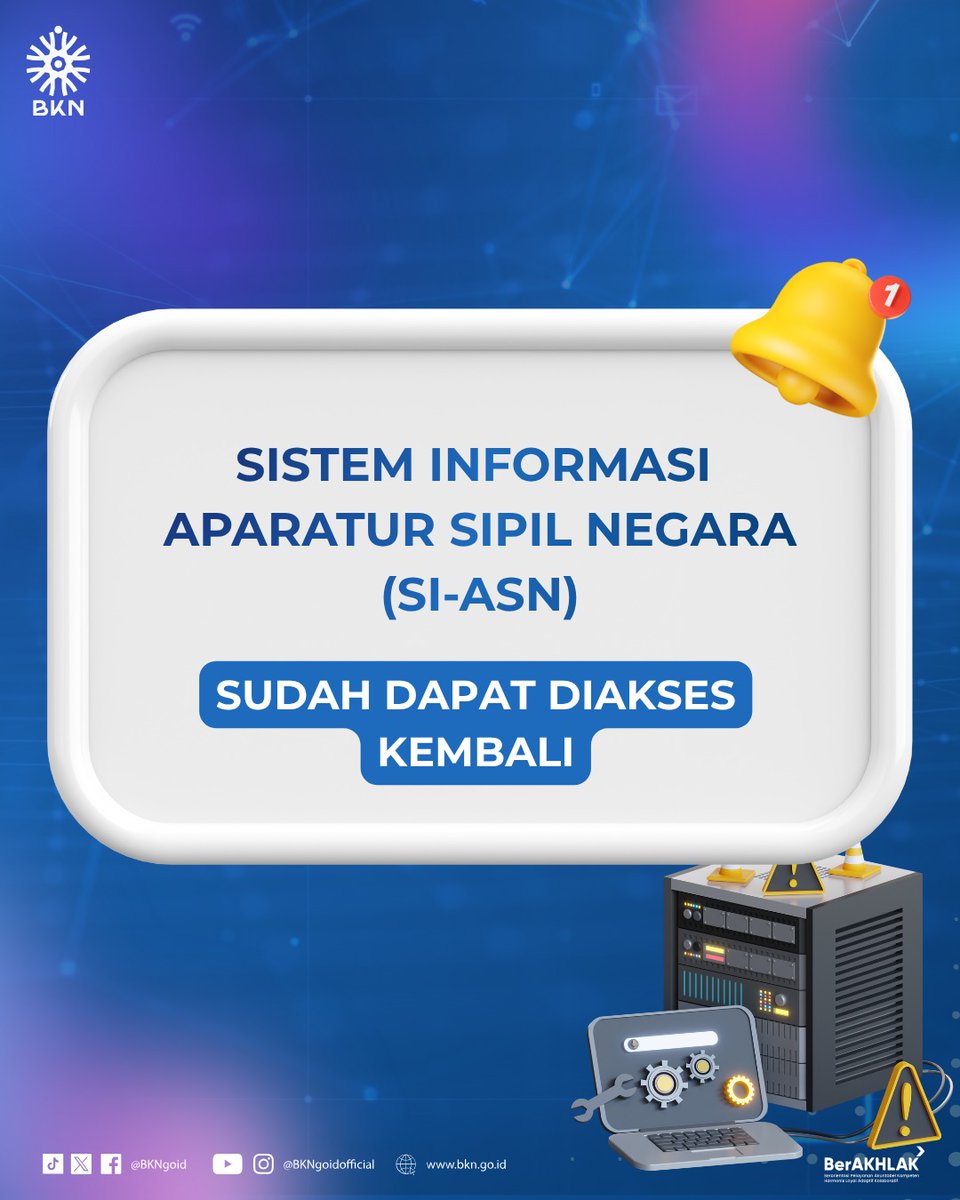 BKNgoid's tweet photo. Hai, #SobatBKN! Terima kasih atas pengertian dan kesabarannya...
Saat ini Layanan SI-ASN sudah berjalan kembali.
#SIASN https://t.co/BMp7V2PGOG