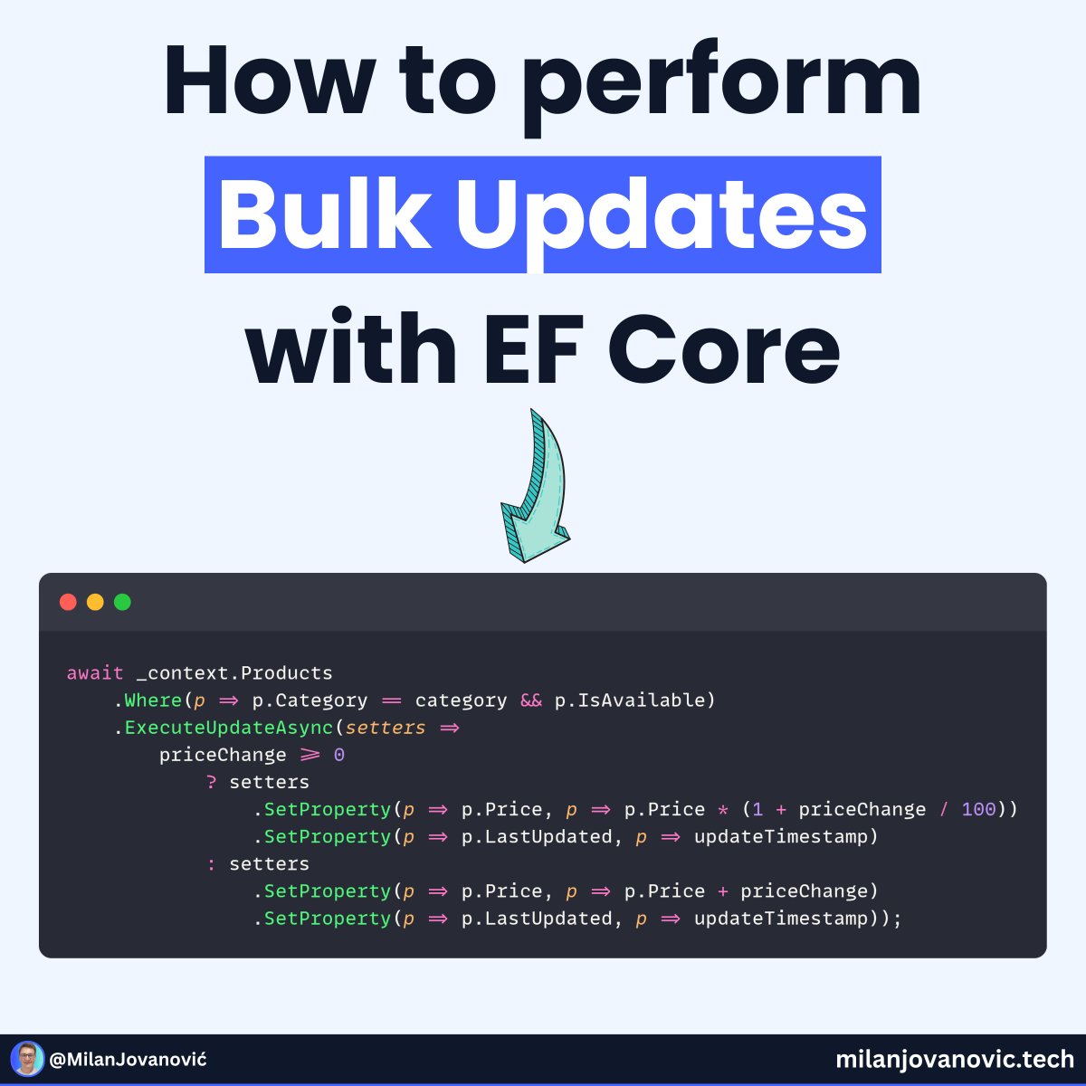 mjovanovictech's tweet image. EF Core added some amazing features.
JSON Columns, primitive collections, raw SQL...
The highlight for me?
I think it's the bulk update APIs:
- ExecuteUpdate/ExecuteUpdateAsync
- ExecuteDelete/ExecuteDeleteAsync
Why should you care?
Performance.
You can write optimal UPDATE…