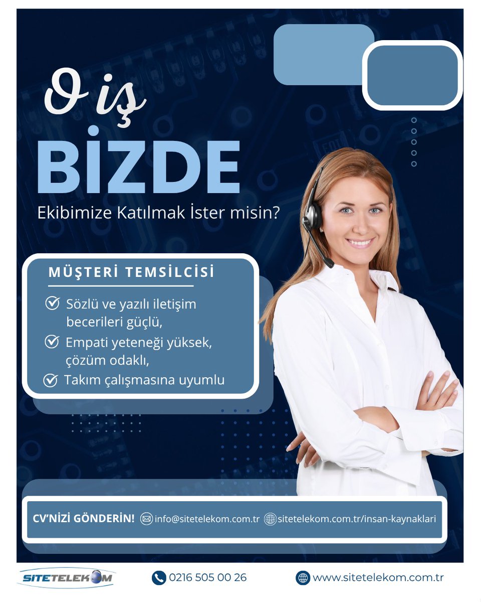 İletişim becerilerine güveniyor, insan ilişkilerinde güçlü olduğunu düşünüyorsan, seni de aramıza bekliyoruz. 💙

Başvurularınız için CV’nizi gönderebileceğiniz adreslerimiz;
Mail; 📩 info@sitetelekom.com.tr
Web; 🖥 sitetelekom.com.tr/insan-kaynakla…
LinkedIn; 🔗 Resmi Sayfamızda Yer Alan