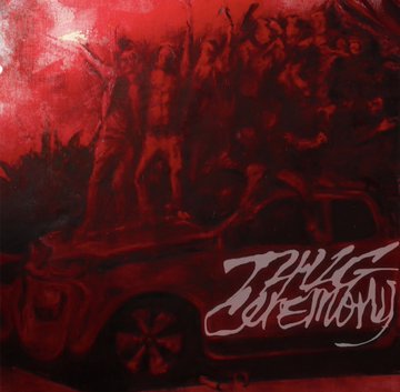 First image displays a red background with bold white and yellow text listing the tracklist for Thug Ceremony including 1 Shai Alexander 2 Shake Ton Booty LK140 3 Ca donne Niska 4 Mathematique Niska IDS 5 10 OU 20 Zed 6 Aime Moi Joe Dwet File 7 Zombie La Mapelle La Mano 8 On Va Les Eteindre Jeune Morty 9 Thug Ceremony. Second image shows abstract red artwork with dark shadowy figures in dynamic poses on a red background and white text Thug Ceremony Leto.