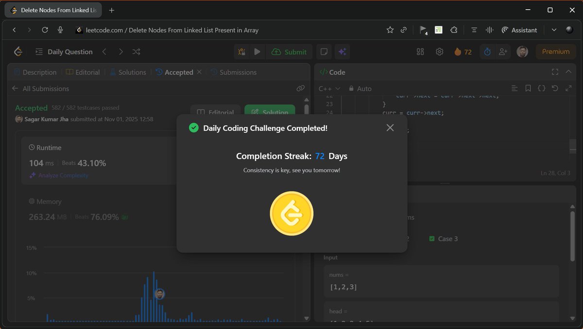 DevSagarKrJha's tweet image. 💻 Day 72 of #LeetCode Daily Challenge!
Solved #POTD 3217 “Delete Nodes From Linked List Present in Array” 🔗
Used a hash set to skip unwanted nodes efficiently ⚙️
⏱️ Time: O(n)
📦 Space: O(n)
Bit by bit, staying consistent each day 💪
#100DaysOfCode #CPP #DSA #CodingJourney