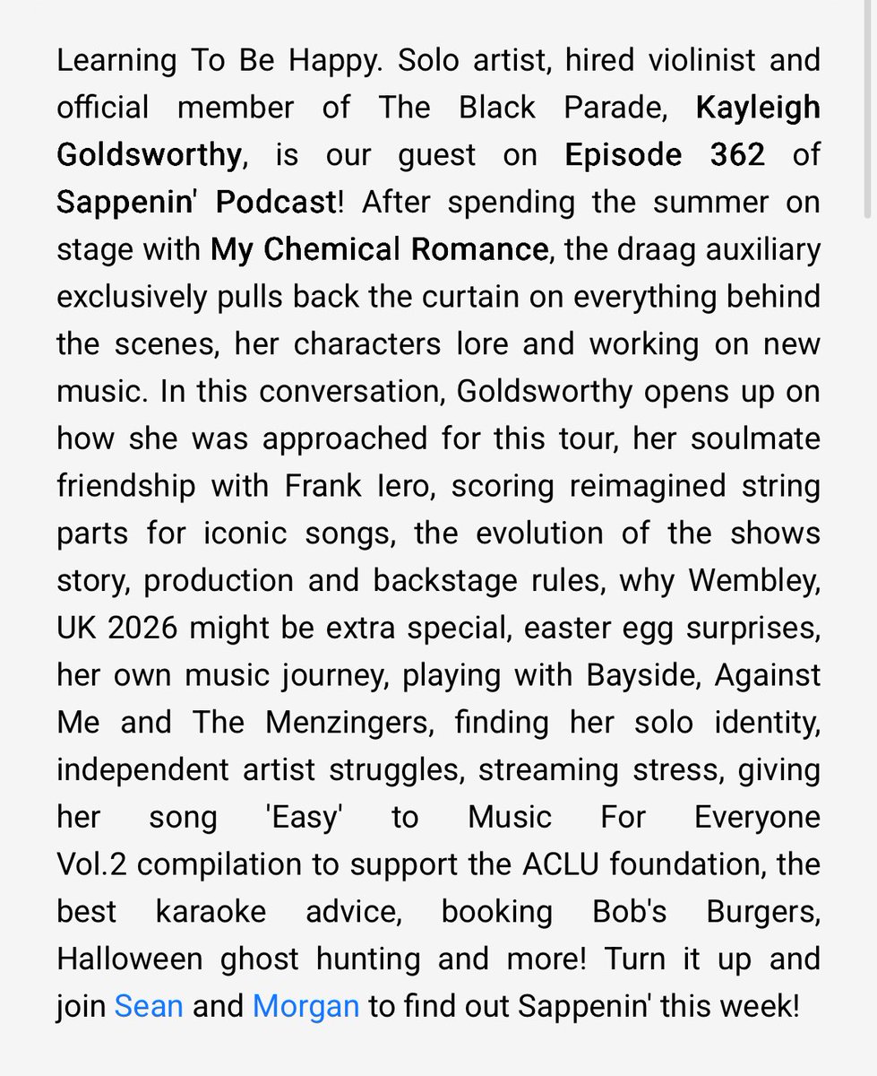 idk if anybody posted about this yet but kayleigh goldsworthy did an interview and talked about mcr &amp; the lltbp tour among other things, it was really interesting

shows.acast.com/sappenin/episo…