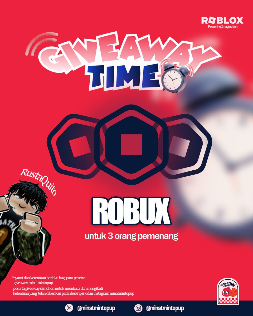dieditproject's tweet photo. 🎉🎉 GIVEAWAY TIME, SOBMINNN!!! 🎉🎉
Mimin lagi baik hati nih 😆 jadi mau bagi-bagi Robux GRATIS! 💎✨
💥 Hadiahnya:
🎁 80 Robux untuk 3 orang pemenang! 😍
Cara ikutnya gampang banget 👇
Cek tweet dibawah
#robux #roblox #giveaway #robloxindonesia #gratis #event #game #viral https://t.co/Dc85u093Dl