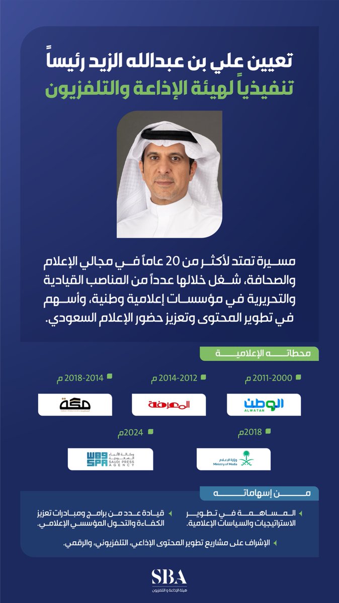 معالي وزير الإعلام يُصدر قرارًا بتعيين الأستاذ علي الزيد رئيسًا تنفيذيًا لـ #هيئة_الإذاعة_والتلفزيون.