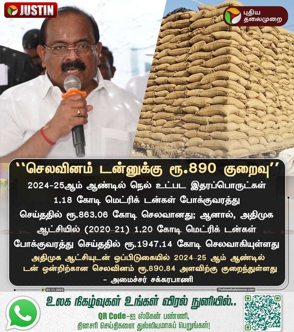PttvNewsX's tweet image. #JUSTIN | &quot;செலவினம் டன்னுக்கு ரூ.890 குறைவு&quot; - அமைச்சர் சக்கரபாணி  

#MinisterSakkarapani | #Paddy | #PaddyProcurement | #TNGovt
