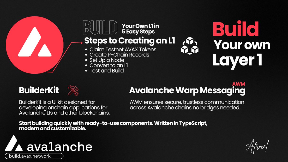 Launch Your Own Avalanche L1 in 5 Easy Steps

Did you know that building your own blockchain no longer needs to feel complex or out of reach?

Now with <a href="/avax/">Avalanche🔺</a> BuilderKit and Avalanche Warp Messaging (AWM), #Dev can deploy scalable, sovereign Layer 1 #L1 blockchains known as