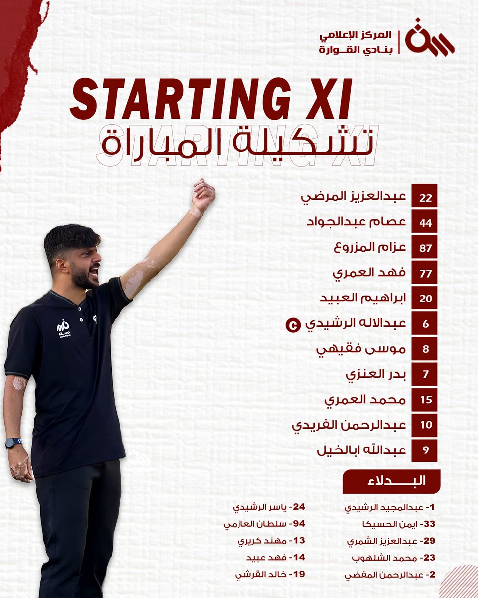 اختيارات المدير الفني " احمد الرشيدي " 
 تعرّف على قائمة القوارة لمواجهة حقل 

 #القوراة_حقل
