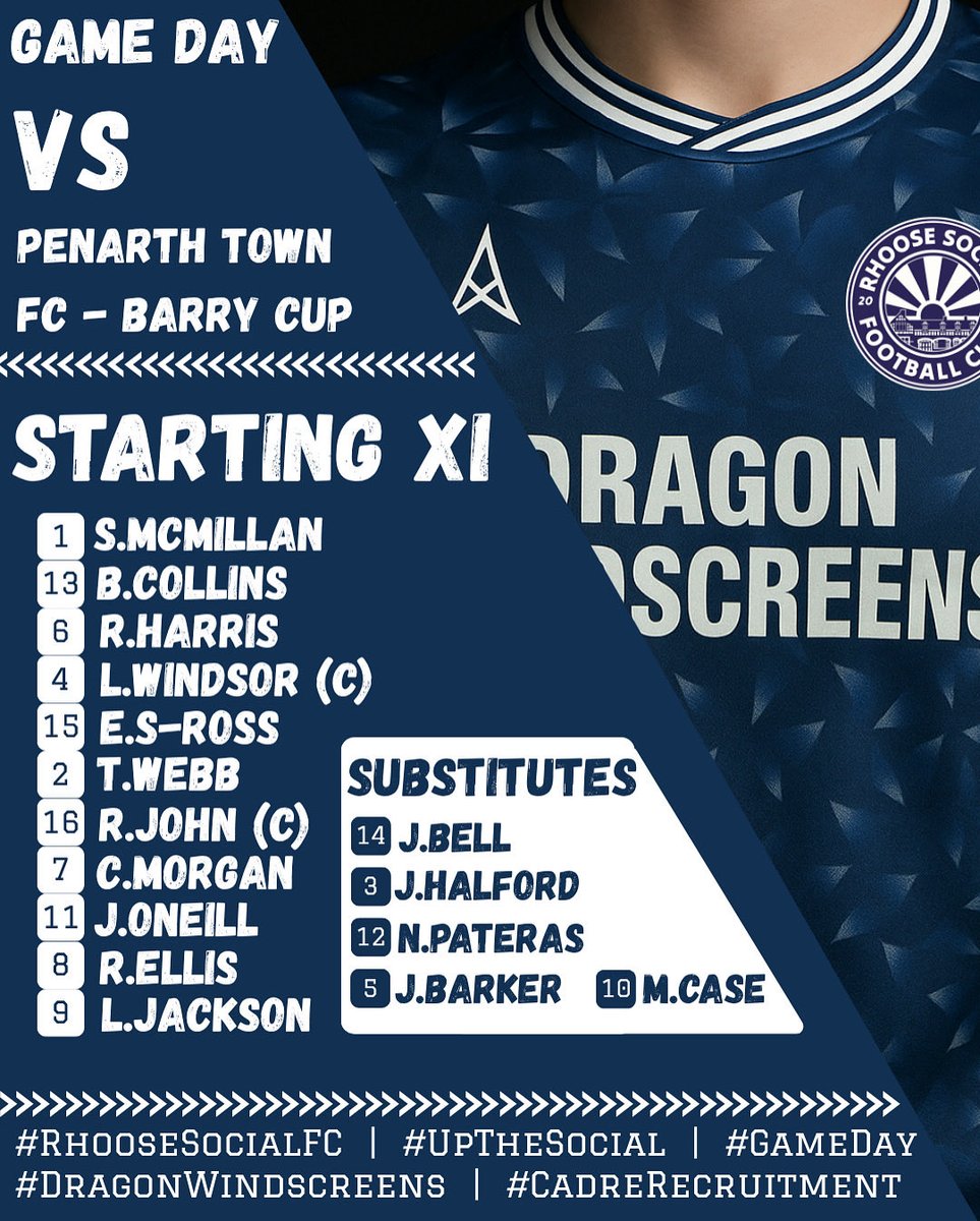 🏆 Matchday Ready! 🏆
Here’s how Rhoose Social FC line up today 👊⚽

The lads are fired up and ready to go💪

📍 Ceri Road (Home)
🕑 Kick-off: 2pm
⚔️ vs Penarth Town FC
🏆 Barry Cup Quarter Final

Let’s get behind the boys and make some noise! 🔵⚪
#RhooseSocialFC #BarryCup