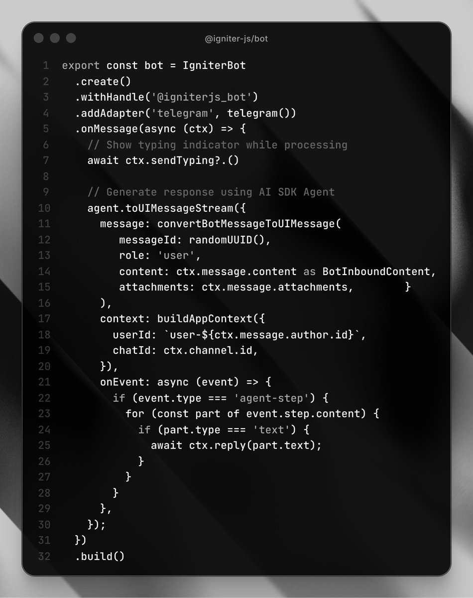 feldbarcelospro's tweet image. Just building a Telegram AI Agent powered by @IgniterJs + @aisdktools (built by @pontusab)
#AI #TypeScript #Dev