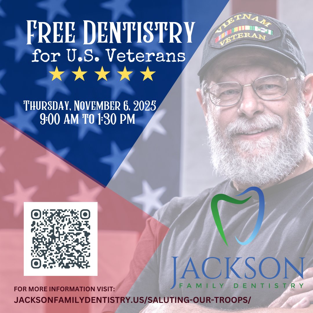 This Veterans Day, Jackson Family Dentistry is giving back!

Free same-day dental care for U.S. veterans — exams, x-rays, cleanings, fillings &amp; simple extractions.

📅 Nov 6 | 9 AM–1:30 PM

🔗 jacksonfamilydentistry.us/saluting-our-t…