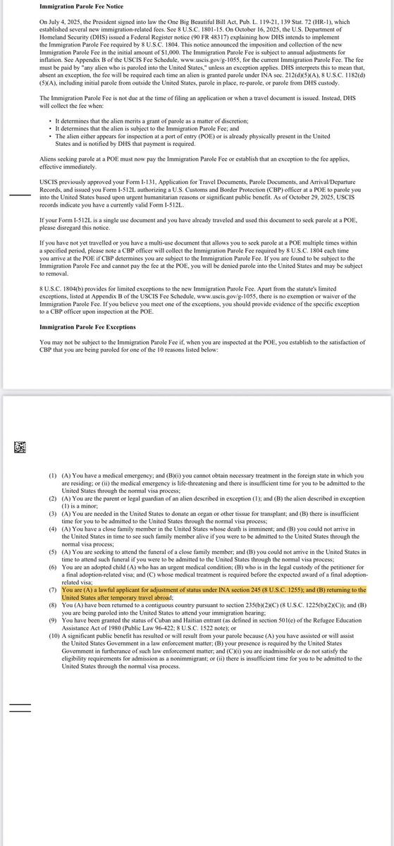 I am seeing notices sent to folks who have received I-131 approvals informing them of the parole fee as part of the OBBB. It appears these are being sent to everyone with an approved parole application. For those with pending AOS, the parole associated with that is exempt from