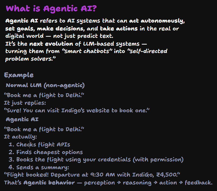 NikhilKumar_45's tweet image. Day 34/100 - #100DaysOfCode 🚀
Learned about 🤖
• AI Agents – how a JS app calls an LLM, gets a structured response, runs a tool/function & refines the output.
• Agentic AI –AIs that can plan, decide & act on their own, not just predict text.
#AI #LLM #WebDev @rohit_negi9