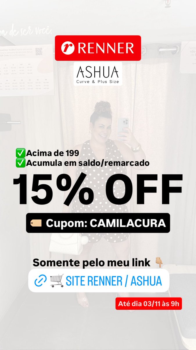 15% OFF RENNER/ASHUA 
Link: tidd.ly/3TH9ot7
🏷️ Cupom: CAMILACURA

🚨 Quem tem Cartão Renner/Meu cartão pode pagar em até 60 dias, SEM JUROS🤩

🎵 Que tempo booom, com sessenta pra pagaaaaaaar🎵🤣