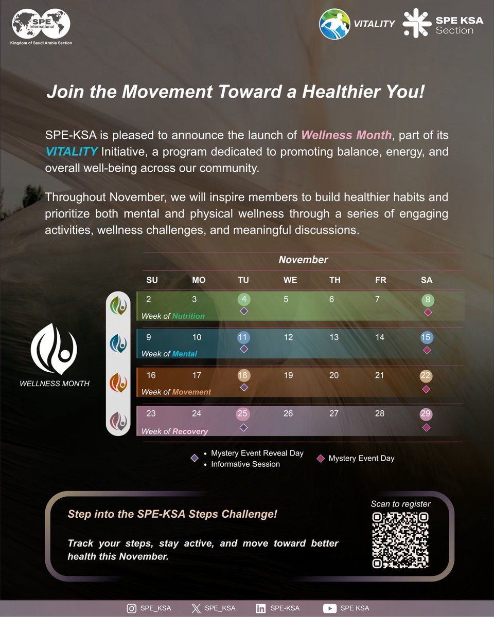 Join the Movement Toward a Healthier You! 

#SPE_KSA is launching #Wellness_Month this November with wellness challenges, sessions, and mystery events.

Kick off the month with the SPE-KSA Steps Challenge!
Register: spe-ksa.org/spe-ksa-steps-…

#HealthyHabits #StepsChallenge