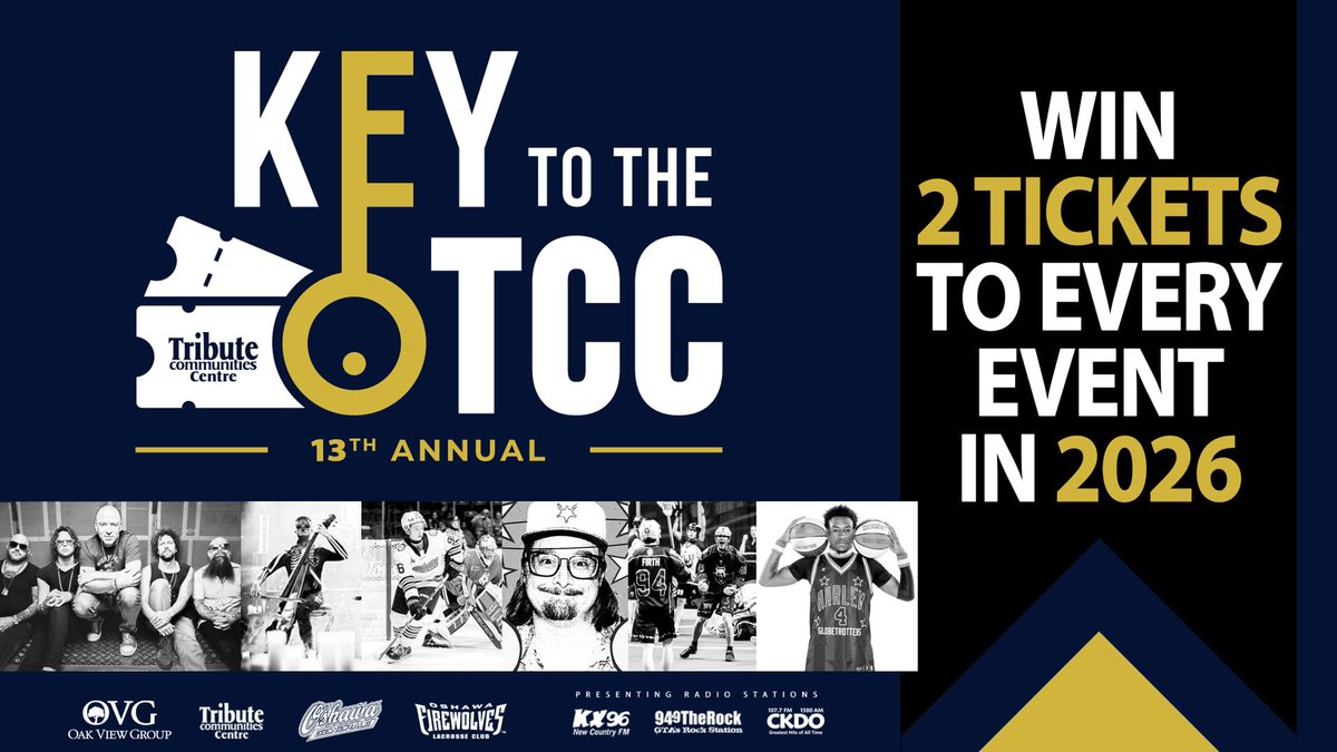 MyTributeCentre's tweet image. It's back! @oakviewgroup’s 13th annual KEY TO THE TCC Contest is open! Enter now for a chance to win 2 tickets to every show in 2026, plus @Oshawa_Generals and @FireWolvesNLL regular season games! Enter now at tributecommunitiescentre.com/key