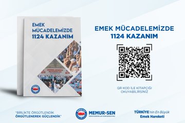 First image shows a man in a white shirt and red-and-white vest speaking at a white podium with a microphone, standing in front of a large screen displaying a similar image of himself, flanked by Turkish flags on blue and red backgrounds in a conference setting. Second image depicts a large seated audience of men and women in formal attire, many wearing red sashes, in a grand hall with blue walls, chandeliers, and banners reading Sendika and a logo, arranged in rows facing a stage with floral decorations. Third image features a white book cover titled EMEK MÜCADELEMİZDE 1124 KAZANIMIZ with images of cheering crowds, a QR code, and logos of Memur-Sen and Eğitim Bir-Sen, presented at an angle on a surface. Fourth image shows a diverse group of men and women in suits and vests, some with red sashes, seated and clapping enthusiastically in a hall with banners reading İSTANBUL SİVAS ANKARA on pillars and a small table with flowers nearby.