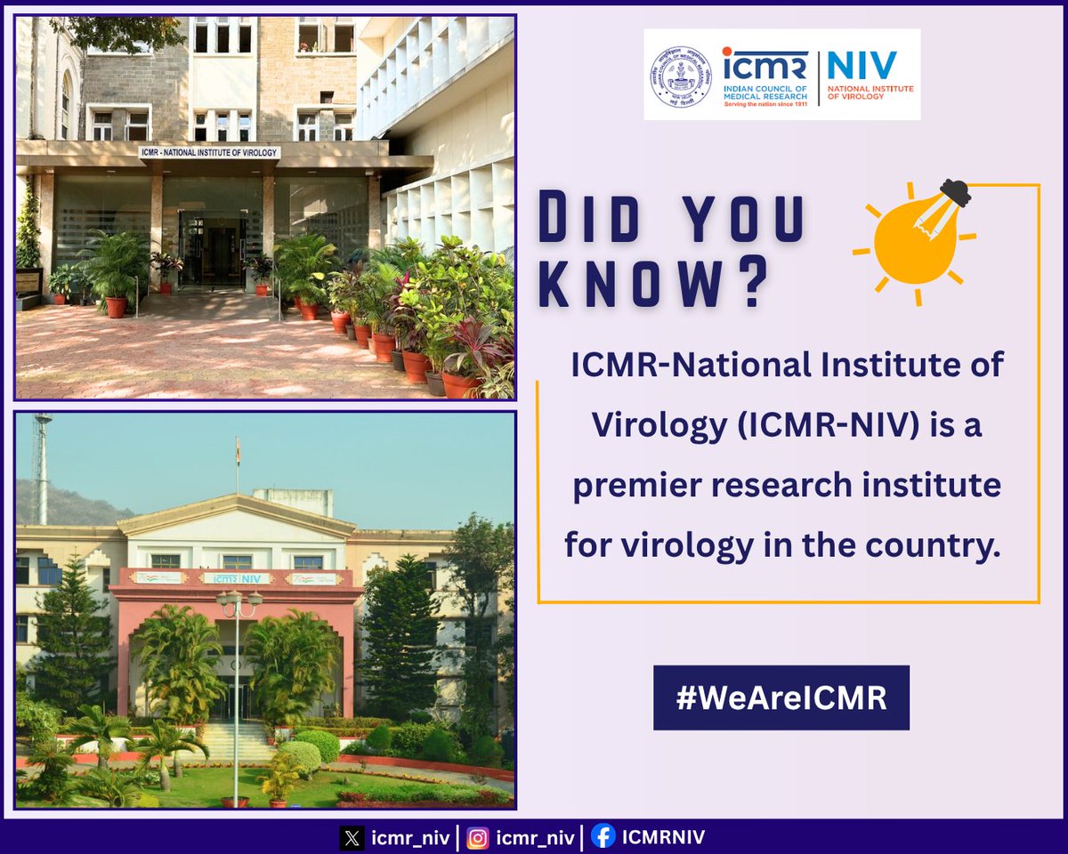 icmr_niv's tweet photo. Did you know? @ICMR_NIV is recognized as a premier #research institute advancing #virology #research &amp; strengthening India’s #preparedness against #viral #diseases. @ICMRDELHI #WeAreICMR #OutbreakInvestigations #Vaccines #Diagnostics #PublicHealth
Visit - https://t.co/zFLcD9CVVA https://t.co/UwJk2KRBSy