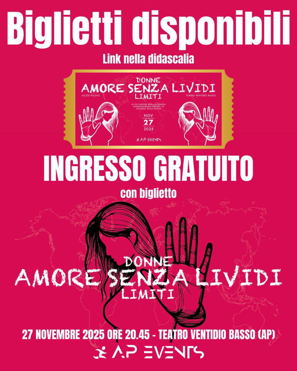 ApEventsaps's tweet image. 🎭 “Amore senza lividi – Donne senza limiti”
💔 Evento contro la violenza sulle donne
📅 27 novembre 2025 – ore 20:45
📍 Teatro Ventidio Basso, Ascoli Piceno
🎟️ Ingresso gratuito – prenota ora 👉 eventbrite.it/e/1775572116999
#NoAllaViolenza #AscoliPiceno #AmoreSenzaLividi