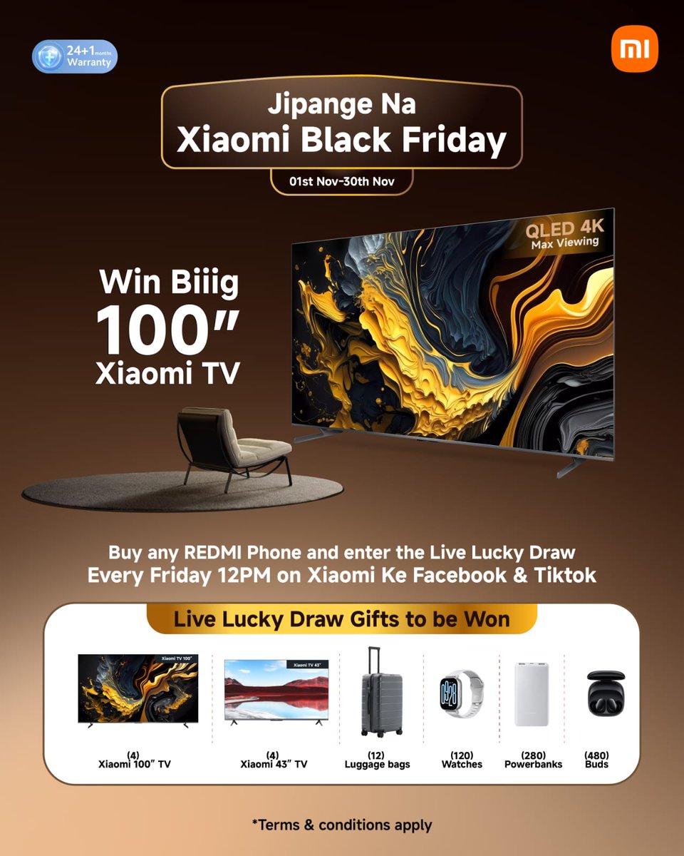 Make your November count with Xiaomi. Buy a Redmi phone, enjoy up to 2,500 shillings off, and enter our lucky draw for amazing prizes like the 100-inch QLED TV. #XiaomiBlackFriday Jipange Na Xiaomi