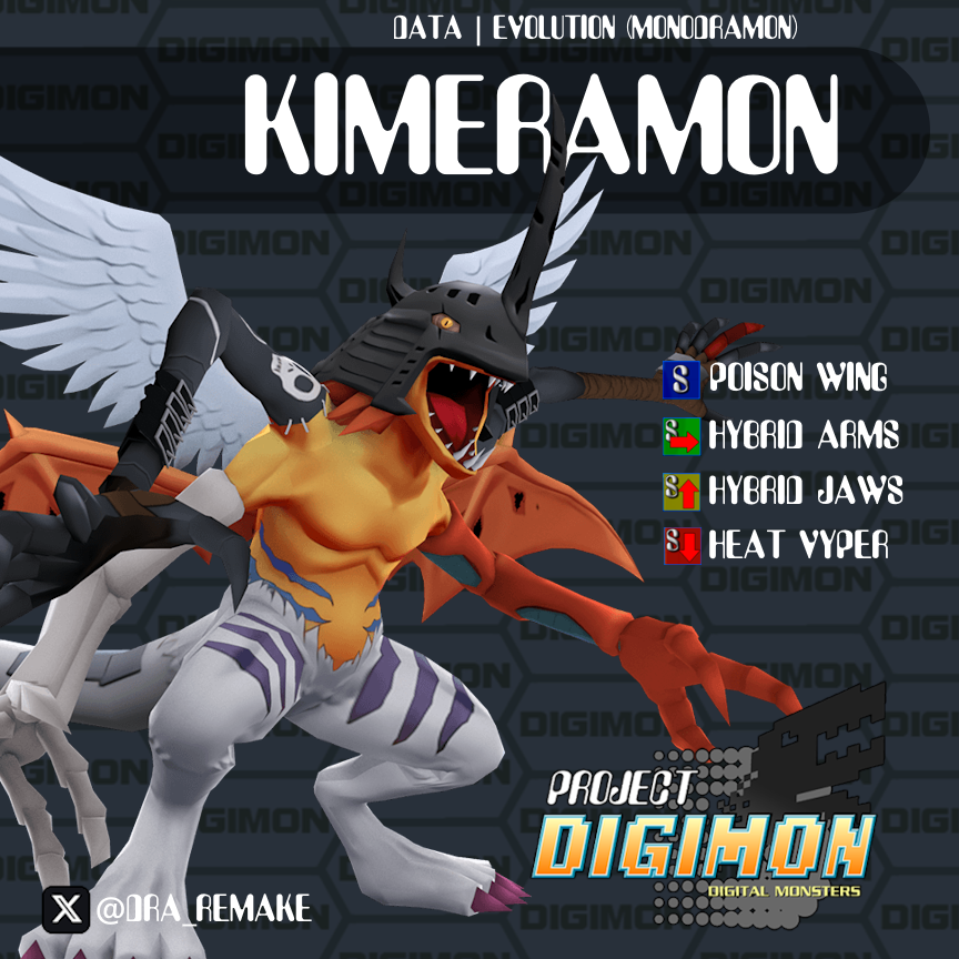 DRA_Remake's tweet image. Kimeramon is a stalwart brute character that punches through enemies without interruption, chopping them up in close range and scraping them off the map with his Heat Vyper attack. In Ultra, his projectiles poison his enemies and his melee heals.

#Projectdigimon #Kimeramon