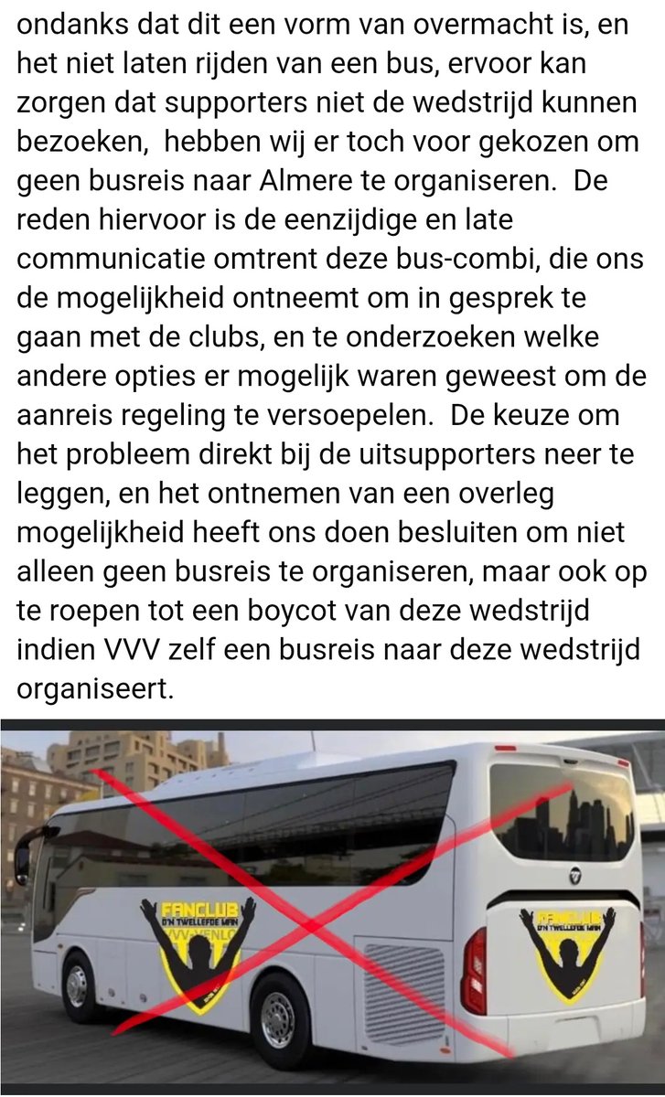 Statement van onze FB pagina mbt boycot van de awayday naar Almere City. #almvvv #boycot