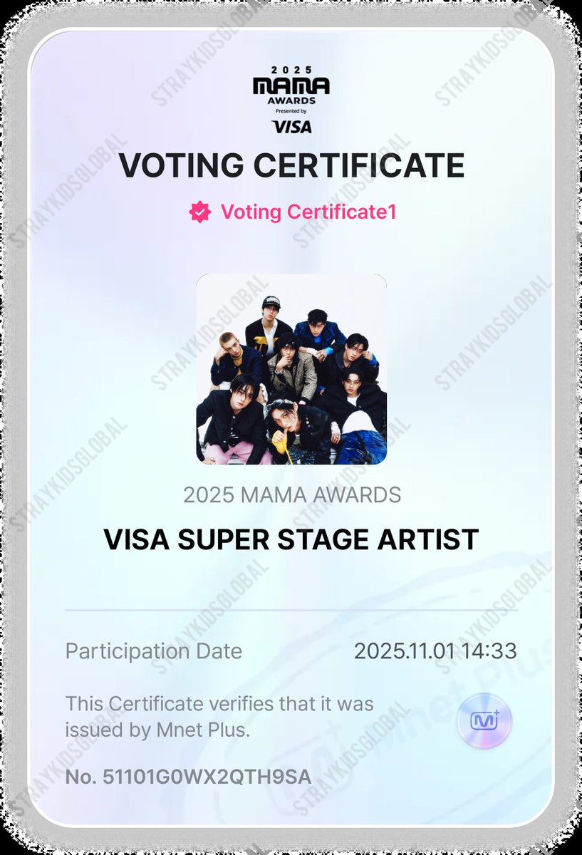 [🏆MAMA 2025]

2 Hours till today's reset, be sure to submit your votes for Fan's choice, Visa Fan's choice and Visa Super stage artist!

#StrayKids #2025MAMAVOTE
