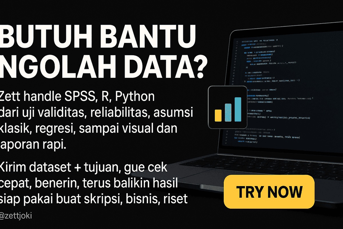 zettjoki's tweet image. Pusing ngolah data? 📊 Zett bisa ngerjain SPSS, R, Python—dari uji validitas sampe visual & laporan rapi. Kirim dataset + tujuan, gue bantu cepet 😎 #zonauang