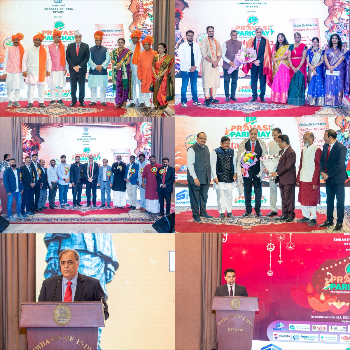 IndianEmbRiyadh's tweet photo. Day 2 of #StateDays as part of #PravasiParichay was a spectacular celebration of India’s rich cultural tapestry! 🇮🇳✨
🎭 Andhra Pradesh mesmerized with Kuchipudi, Arthanareeshwar & Varaha dances, and vibrant Tollywood performances.
🎶 Tamil Nadu showcased classical music, Bharatanatyam, folklore dances & Silambam martial arts.
💃 Goa brought the lively Kunbi Folk Dance to the stage.
🌸 Jammu & Kashmir charmed everyone with the graceful Rouf Dance.
🕉️ Maharashtra offered a divine Ganesh Aaradhana performance along with Lavni and Dahi Handi dances.
🥁 Telangana lit up the evening with Mathuri & Gussadi Folk Dances, Bonalu & Bathukamma celebrations, and a colorful Hyderabadi wedding sequence — from Dholak ke Geet to Qawwali!
A vibrant blend of traditions, rhythm & unity! ❤️
@MEAIndia
@IndianDiplomacy
@diaspora_india
@iccr_hq
@SecretaryCPVOIA