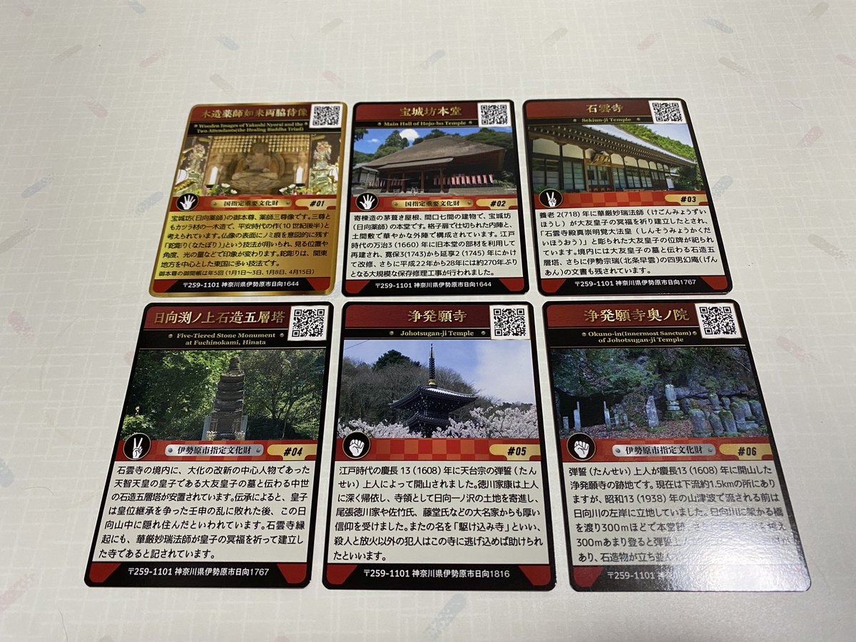 zenzaian_open's tweet image. 【プチ散策in伊勢原】
日向薬師様の特別展示会に合わせて近隣の史跡で謎解き巡りイベント中！コンプリートしてクイズの答えを導き出して日向薬師様へ行くと籤引きに参加出来ます✨私は何と❣️日向薬師様の手拭いが当たり🎯ました😆嬉しい。各ポイントにカードがあり全部で6枚。面白かった✨