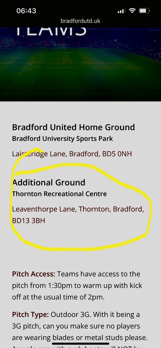For anyone watching our reserves at Bradford Utd, the pitch details are different from our matchday flier ❤️🖤