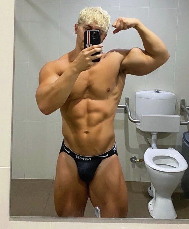Wear jockstraps. Build muscles. Show off. It's part of the jock program.
This jock is so deep molded and jockificated. His flexing and scent is already making you horny. Soon you will be like him bro.
Embrace the jockification bro. 
Join. Obey. Serve.