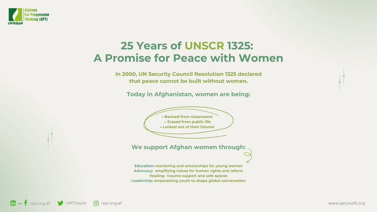 25 years ago, UN Security Council Resolution 1325 recognized that peace cannot be built without women. Today, Afghan women are being silenced, banned from classrooms, erased from public life, and locked out of their futures.