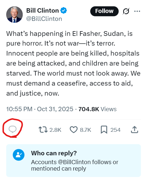 Bill Clinton closed the comment section because he ordered a missile attack on Sudan's AI Shifa medical facility, which produced 90% of the country's pharmaceuticals, claiming it was producing "chemical weapons." 

He doesn't want you to know that he is a war criminal.