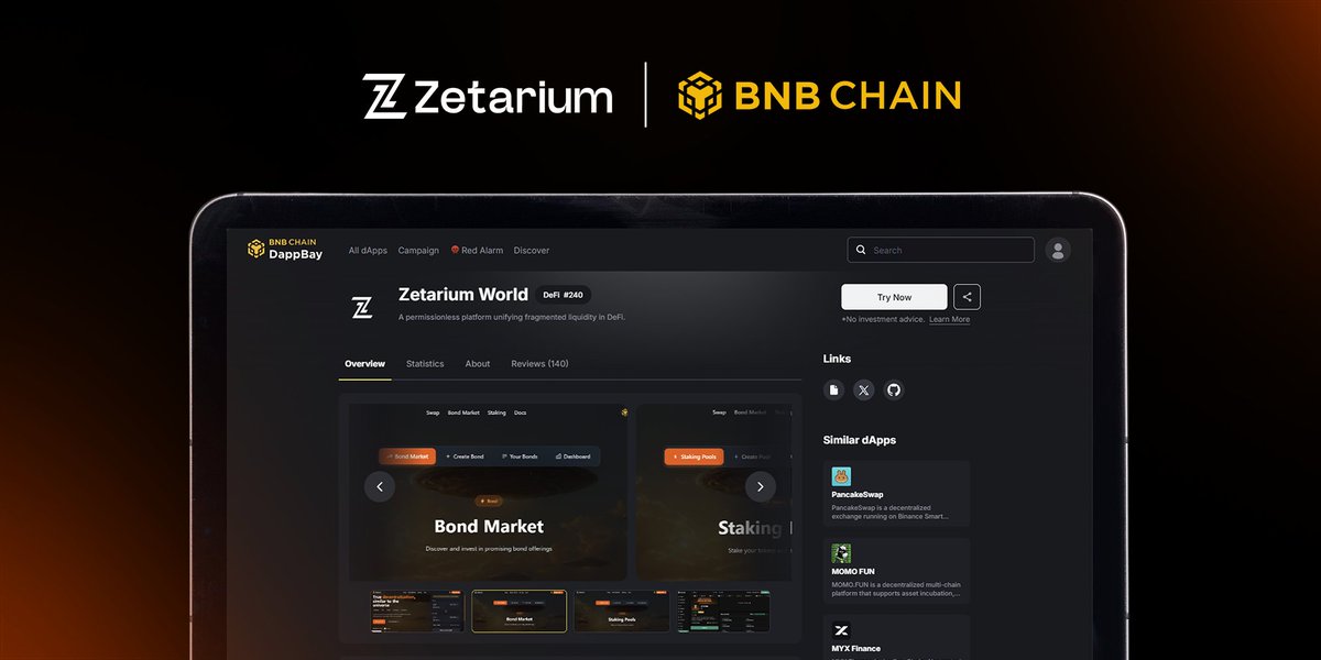 #Zetarium | <a href="/BNBCHAIN/">BNB Chain</a>

#DappBay is #BNBChain’s official platform featuring the top and most trusted Web3 dApps where users discover, rank, and interact with the ecosystem’s best-performing decentralized applications.

Being listed on DappBay marks a major milestone for Zetarium,