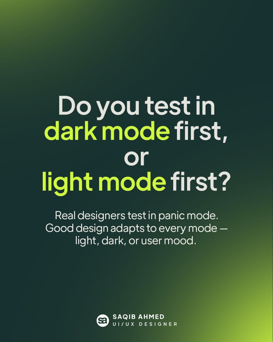 uiuxwithsaqib's tweet image. Dark mode, light mode… or panic mode?
Good UI design doesn’t choose sides, it adapts to every environment and every emotion.
#uidesign #DarkModeDesign #designhumor #saqibwebdesigner #uiuxwithsaqib