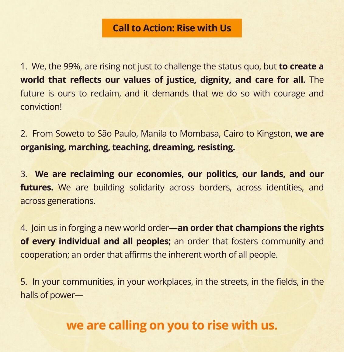 wethe99percent's tweet image. 𝗪𝗲 𝗮𝗿𝗲 𝗿𝗶𝘀𝗶𝗻𝗴 𝘁𝗼 𝗿𝗲𝗰𝗹𝗮𝗶𝗺 𝗼𝘂𝗿 𝗳𝘂𝘁𝘂𝗿𝗲.
From Soweto to São Paulo, Mombasa to Manila, we are organising, dreaming, resisting.
It’s time to build a world rooted in dignity, justice, and care for all.
wetheninetynine.com
#WeThe99 #JusticeDignityCare