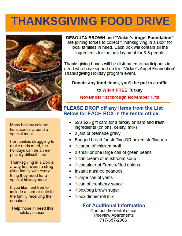 TreeviewApts's tweet image. It&apos;s that time of the year we start Thanksgiving in the Box which will benefit families through &quot;Vickies Angel Foundation&quot; . Your donation will get you closer to winning a FREE turkey.